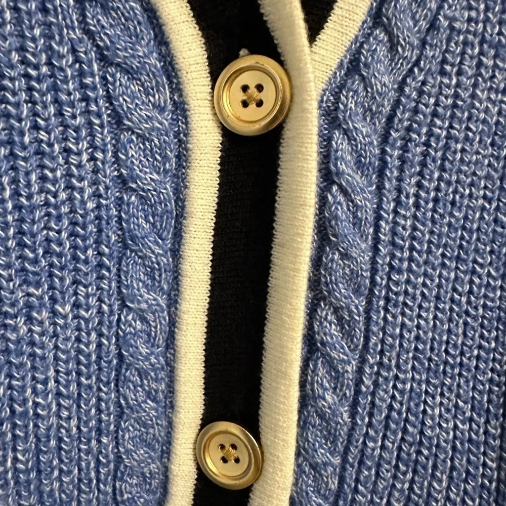 Talbots Iris Blue Cable Knit Tipped Girlfriend Cardigan Sweater Size L Preppy